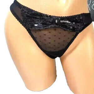 VICTORIA'S SECRET BLACK SEQUIN MESH THONG BOW PANTY S Small
